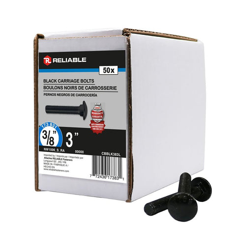 Reliable CBBLK383L Carriage Bolt, 3/8-16 Thread, Coarse, Full Thread, 3 in OAL, Steel, Rustproof, A Grade