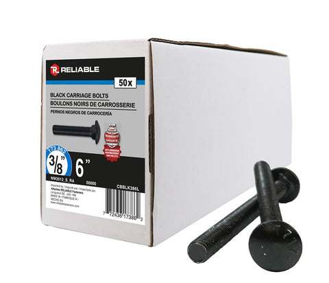 Reliable CBBLK386L Carriage Bolt, 3/8-16 Thread, Coarse, Full Thread, 6 in OAL, Steel, Rustproof, A Grade