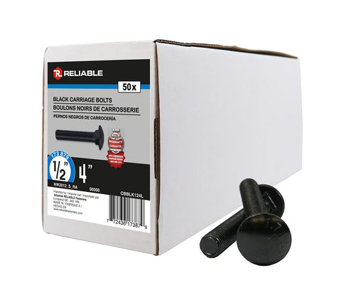 Reliable CBBLK124L Carriage Bolt, 1/2-13 Thread, Coarse, Full Thread, 4 in OAL, Steel, Rustproof, A Grade