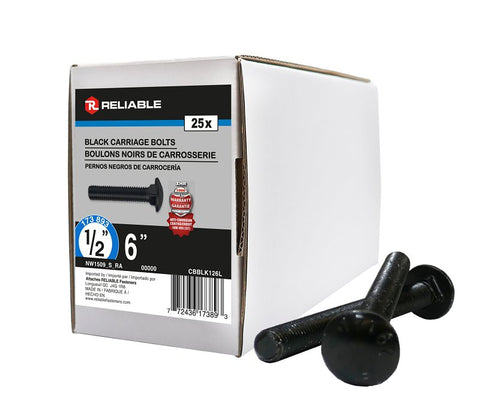 Reliable CBBLK126L Carriage Bolt, 1/2-13 Thread, Coarse, Full Thread, 6 in OAL, Steel, Rustproof, A Grade