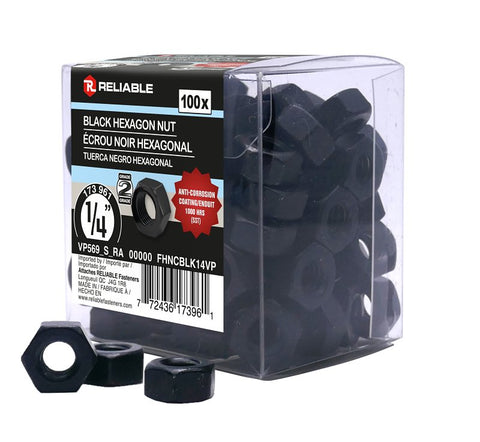 Reliable FHNCBLK14VP Hex Nut, Coarse Thread, 1/4-20 Thread, Steel, ACQ Black Epoxy, 2 Grade