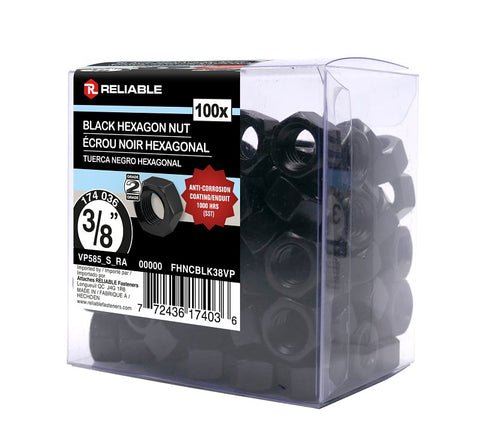 Reliable FHNCBLK38VP Hex Nut, Coarse Thread, 3/8-16 Thread, Steel, ACQ Black Epoxy, 2 Grade