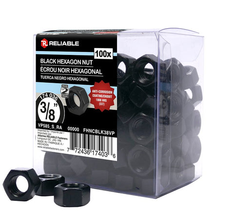Reliable FHNCBLK38VP Hex Nut, Coarse Thread, 3/8-16 Thread, Steel, ACQ Black Epoxy, 2 Grade