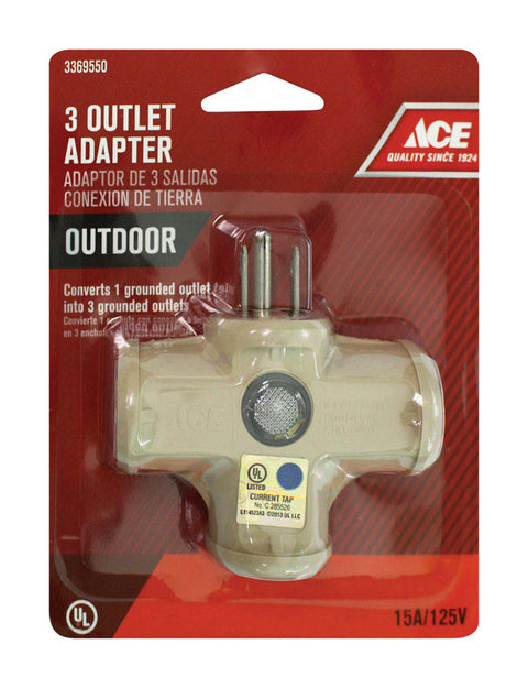 Ace Grounded Triple Outlet Adapter Beige 15 amps 125 volts 1 pk