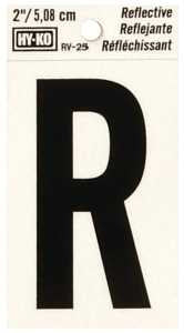 Hy-Ko RV-25/R Reflective Letter, Character: R, 2 in H Character, Black Character, Silver Background, Vinyl, Pack of 10