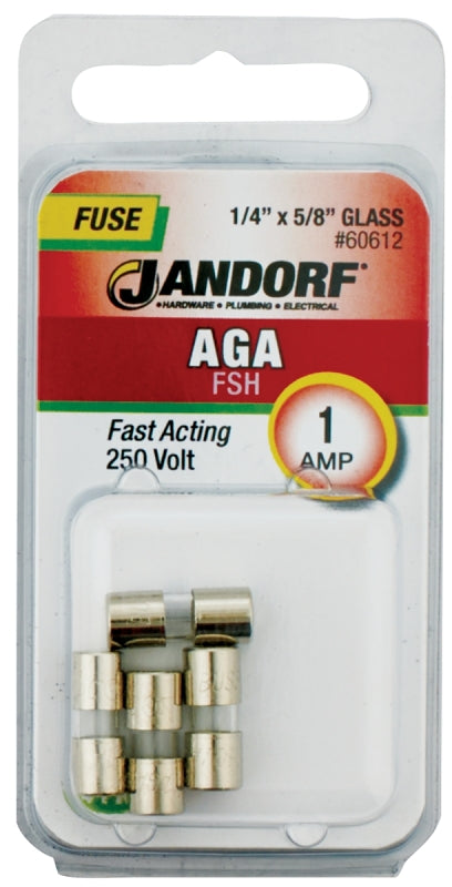 Jandorf 60612 Fast Acting Fuse, 0.11 Ohm, 1 A, 250 V, 35 A, 10 kA Interrupt, Glass Body, 5/8 in Length