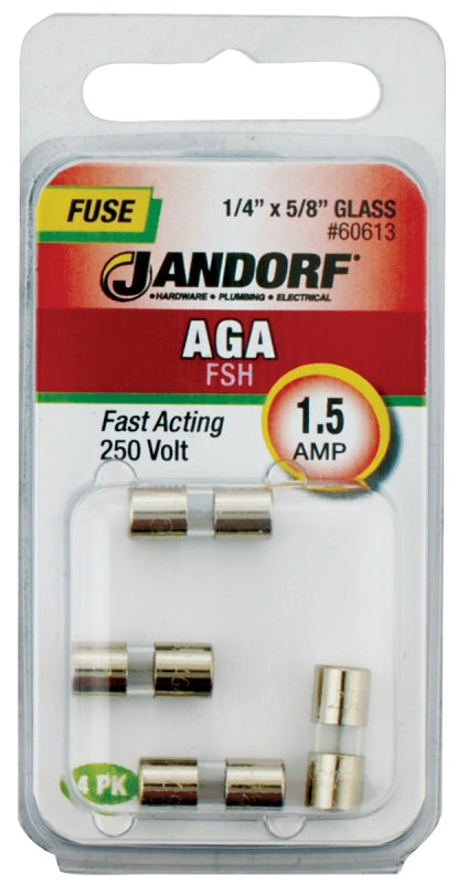 Jandorf 60613 Fast Acting Fuse, 0.07 Ohm, 1.5 A, 250 V, 100 A, 10 kA Interrupt, Glass Body