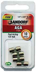 Jandorf 60620 Fast Acting Fuse, 10 A, 125 V, 1 kA Interrupt, Glass Body