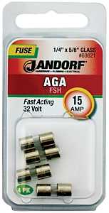 Jandorf 60621 Fast Acting Fuse, 0.005 Ohm, 15 A, 32 V, 1 kA Interrupt, Glass Body
