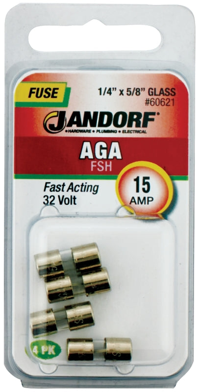 Jandorf 60621 Fast Acting Fuse, 0.005 Ohm, 15 A, 32 V, 1 kA Interrupt, Glass Body