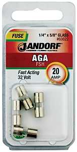 Jandorf 60622 Fast Acting Fuse, 0.003 Ohm, 20 A, 32 V, 1 kA Interrupt, Glass Body
