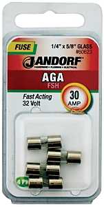 Jandorf 60623 Fast Acting Fuse, 0.002 Ohm, 30 A, 32 V, 1 kA Interrupt, Glass Body, 5/8 in Length