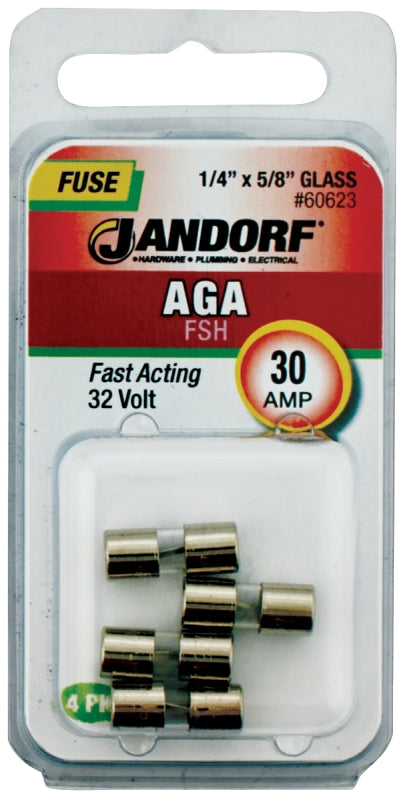 Jandorf 60623 Fast Acting Fuse, 0.002 Ohm, 30 A, 32 V, 1 kA Interrupt, Glass Body, 5/8 in Length