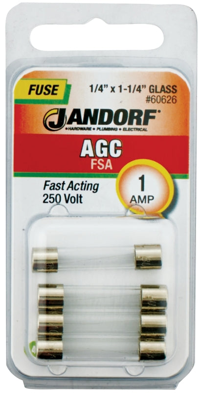Jandorf 60626 Fast Acting Fuse, 0.19 Ohm, 1 A, 250 V, 35 A, 10 kA Interrupt, Glass Body