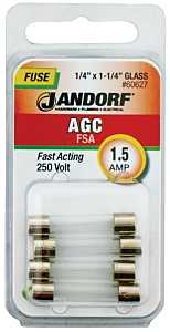 Jandorf 60627 Fast Acting Fuse, 0.11 Ohm, 1.5 A, 250 V, 100 A, 10 kA Interrupt, Glass Body