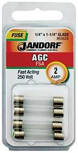 Jandorf 60628 Fast Acting Fuse, 0.07 Ohm, 2 A, 250 V, 100 A, 10 kA Interrupt, Glass Body
