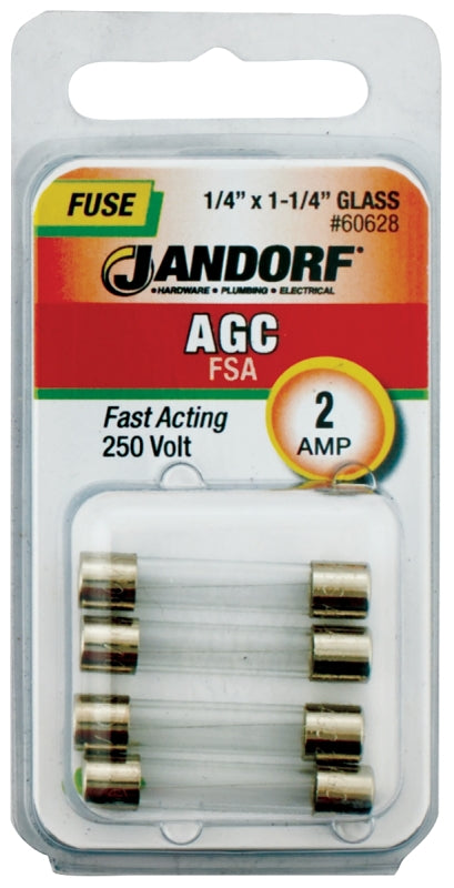 Jandorf 60628 Fast Acting Fuse, 0.07 Ohm, 2 A, 250 V, 100 A, 10 kA Interrupt, Glass Body