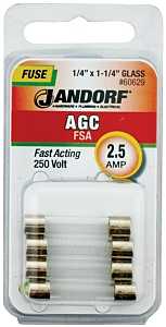 Jandorf 60629 Fast Acting Fuse, 0.05 Ohm, 2.5 A, 250 V, 100 A, 10 kA Interrupt, Glass Body