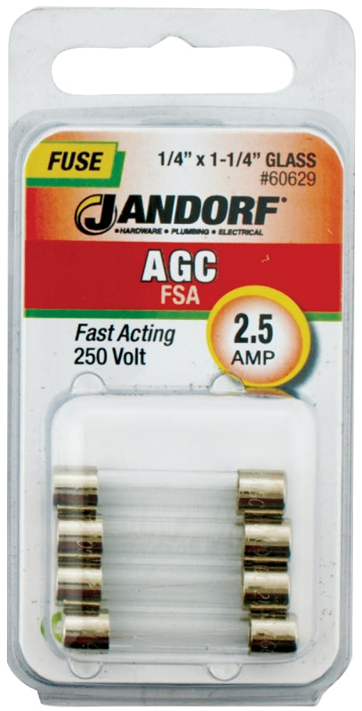 Jandorf 60629 Fast Acting Fuse, 0.05 Ohm, 2.5 A, 250 V, 100 A, 10 kA Interrupt, Glass Body