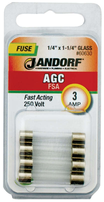 Jandorf 60630 Fast Acting Fuse, 0.04 Ohm, 3 A, 250 V, 100 A, 10 kA Interrupt, Glass Body
