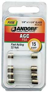 Jandorf 60638 Fast Acting Fuse, 0.006 Ohm, 15 A, 32 V, 1 kA Interrupt, Glass Body