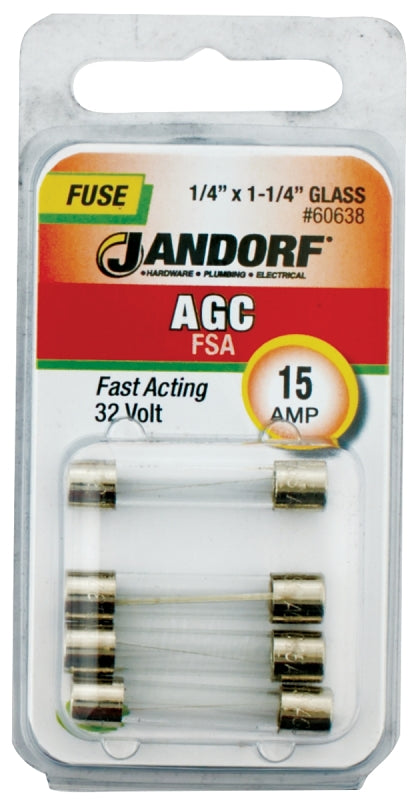 Jandorf 60638 Fast Acting Fuse, 0.006 Ohm, 15 A, 32 V, 1 kA Interrupt, Glass Body