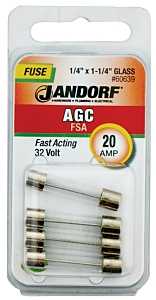 Jandorf 60639 Fast Acting Fuse, 0.004 Ohm, 20 A, 32 V, 1 kA Interrupt, Glass Body