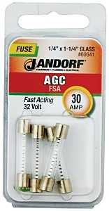 Jandorf 60641 Fast Acting Fuse, 0.002 Ohm, 30 A, 32 V, 1 kA Interrupt, Glass Body, 1-1/4 in Length