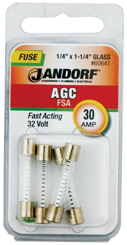 Jandorf 60641 Fast Acting Fuse, 0.002 Ohm, 30 A, 32 V, 1 kA Interrupt, Glass Body, 1-1/4 in Length