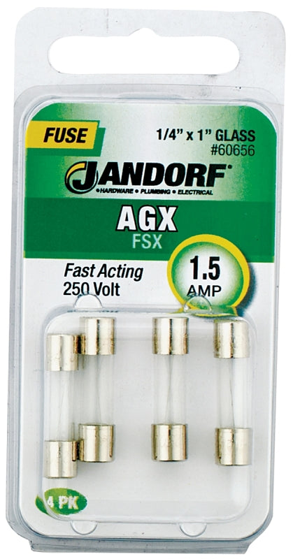 Jandorf 60656 Fast Acting Fuse, 0.06 Ohm, 1.5 A, 250 V, 100 A, 10 kA Interrupt, Glass Body
