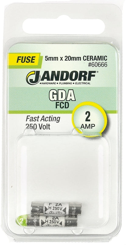Jandorf 60666 Fast Acting Fuse, 2 A, 250 V, 1500 A Interrupt, Ceramic Body