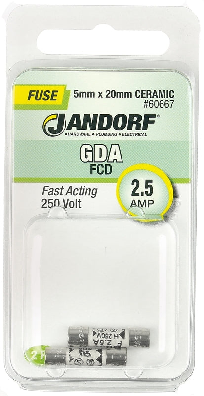 Jandorf 60667 Fast Acting Fuse, 2.5 A, 250 V, 1500 A Interrupt, Ceramic Body
