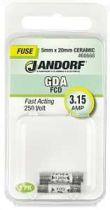 Jandorf 60668 Fast Acting Fuse, 3.15 A, 250 V, 1500 A Interrupt, Ceramic Body