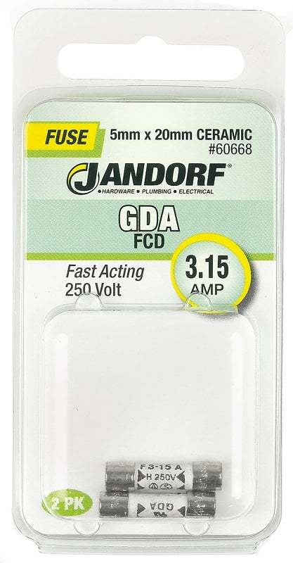 Jandorf 60668 Fast Acting Fuse, 3.15 A, 250 V, 1500 A Interrupt, Ceramic Body