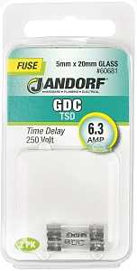 Jandorf 60681 Time Delay Fuse, 6.3 A, 250 V, 63 A Interrupt, Glass Body