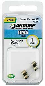 Jandorf 60682 Fast Acting Fuse, 0.16 Ohm, 1 A, 250 V, 35 A, 10 kA Interrupt, Glass Body