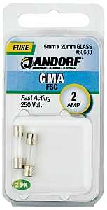 Jandorf 60683 Fast Acting Fuse, 0.06 Ohm, 2 A, 250 V, 100 A, 10 kA Interrupt, Glass Body