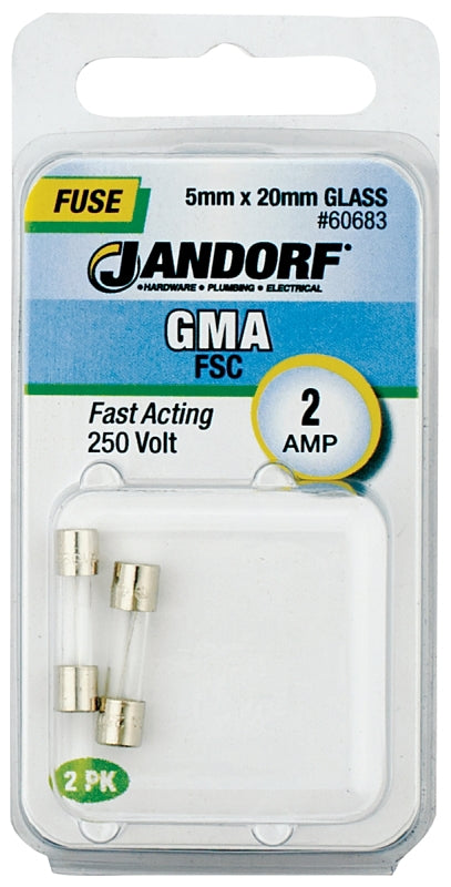 Jandorf 60683 Fast Acting Fuse, 0.06 Ohm, 2 A, 250 V, 100 A, 10 kA Interrupt, Glass Body