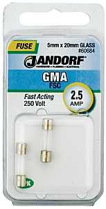 Jandorf 60684 Fast Acting Fuse, 0.04 Ohm, 2.5 A, 250 V, 100 A, 10 kA Interrupt, Glass Body