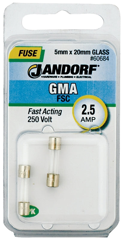 Jandorf 60684 Fast Acting Fuse, 0.04 Ohm, 2.5 A, 250 V, 100 A, 10 kA Interrupt, Glass Body