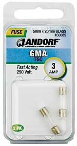 Jandorf 60685 Fast Acting Fuse, 0.03 Ohm, 3 A, 250 V, 100 A, 10 kA Interrupt, Glass Body