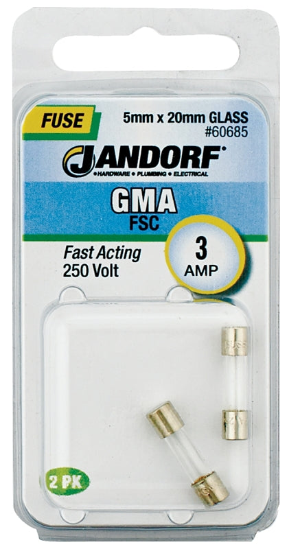 Jandorf 60685 Fast Acting Fuse, 0.03 Ohm, 3 A, 250 V, 100 A, 10 kA Interrupt, Glass Body