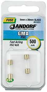 Jandorf 60691 Fast Acting Fuse, 500 mA, 250 V, 35 A, 10 kA Interrupt, Glass Body