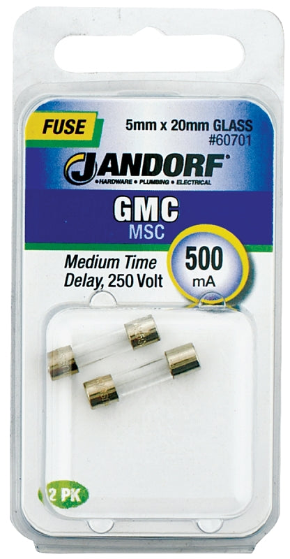 Jandorf 60701 Time Delay Fuse, 500 mA, 250 V, 35 A, 1 kA Interrupt, Glass Body