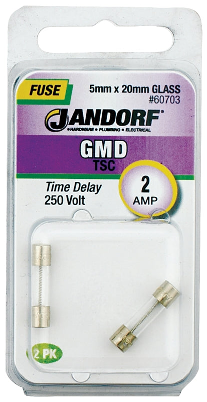 Jandorf 60703 Time Delay Fuse, 0.1 Ohm, 2 A, 250 V, 100 A, 10 kA Interrupt, Glass Body