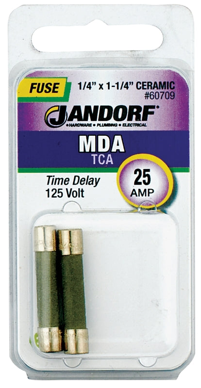 Jandorf 60709 Time Delay Fuse, 25 A, 125 VDC, 1500 A, 10 kA Interrupt, Ceramic Body