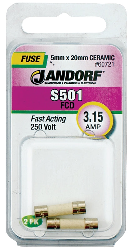 Jandorf 60721 Fast Acting Fuse, 3.15 A, 250 V, 1500 A Interrupt, Ceramic Body