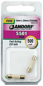 Jandorf 60727 Fast Acting Fuse, 500 mA, 250 V, 1500 A Interrupt, Ceramic Body