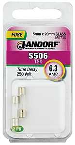 Jandorf 60736 Time Delay Fuse, 6.3 A, 250 V, 63 A Interrupt, Glass Body