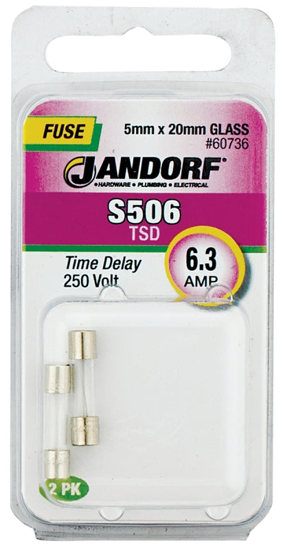 Jandorf 60736 Time Delay Fuse, 6.3 A, 250 V, 63 A Interrupt, Glass Body